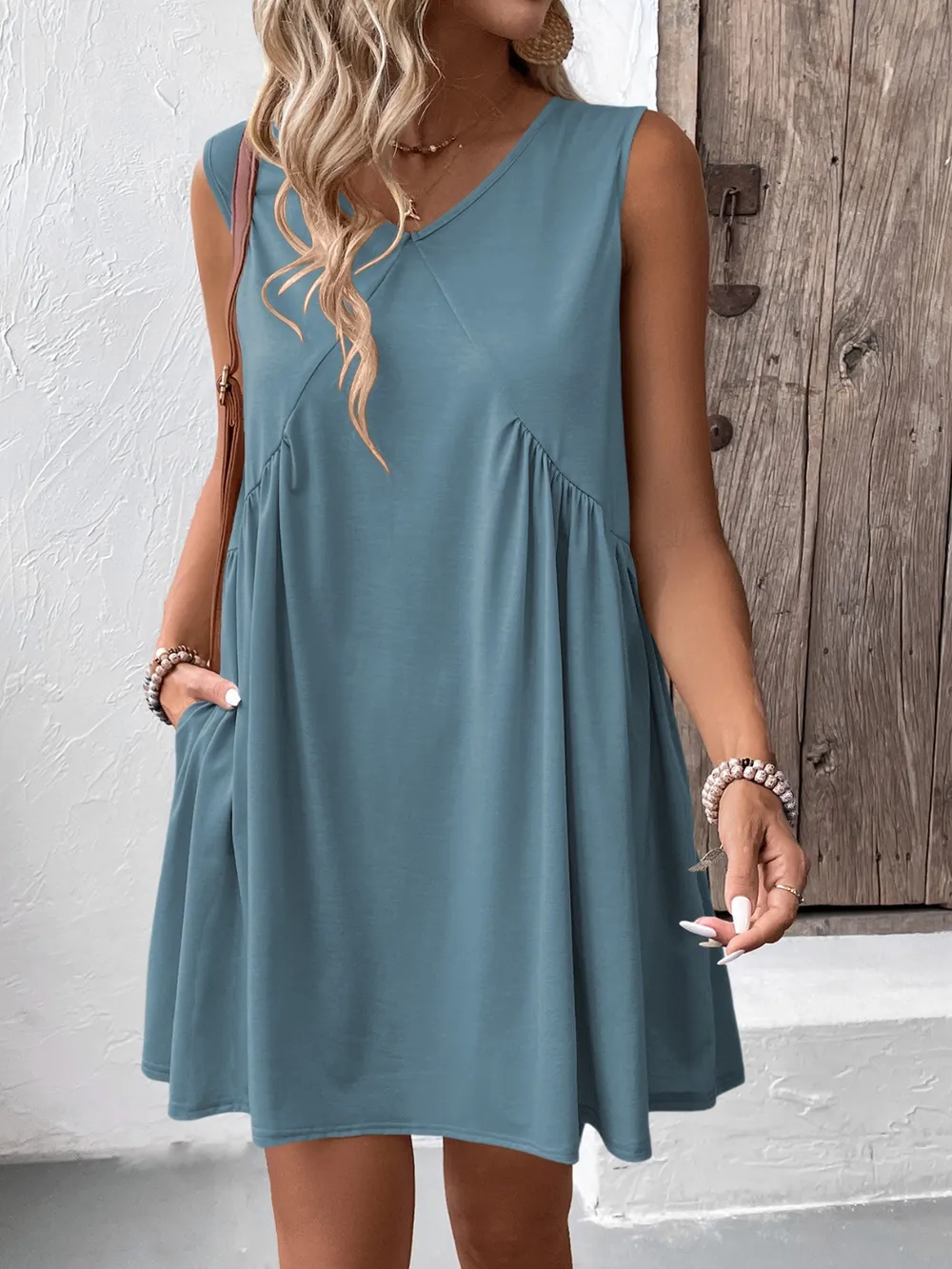 Ruched V-Neck Sleeveless Mini Dress, image 23