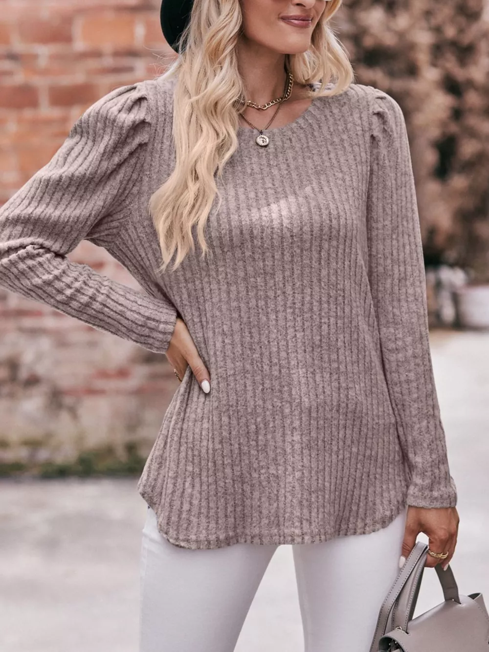 Ribbed Knit Puff Sleeve T-Shirt, image 2