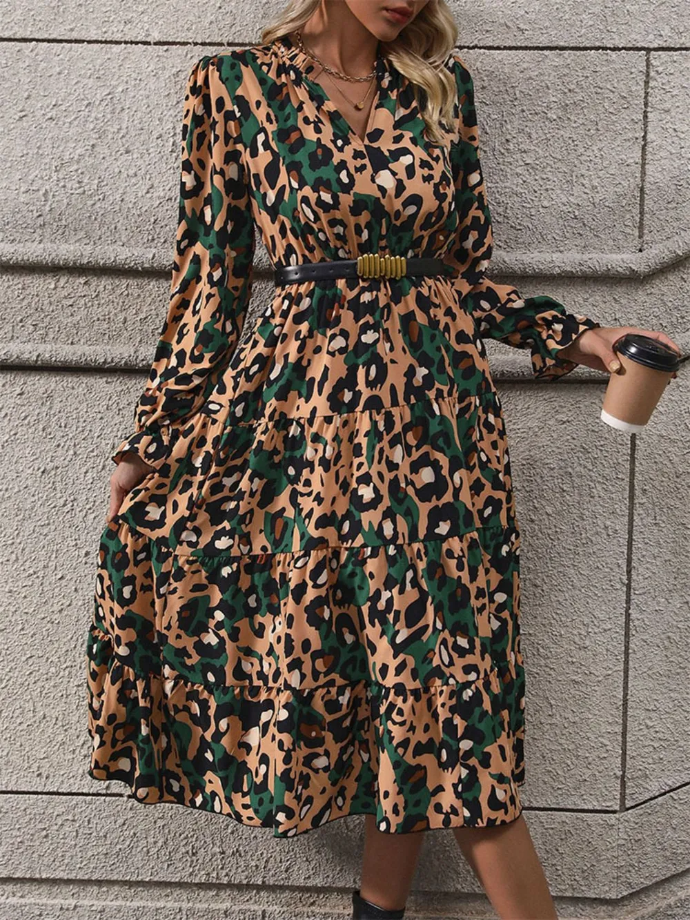 Leopard Notched Flounce Sleeve Midi Dress, image 6