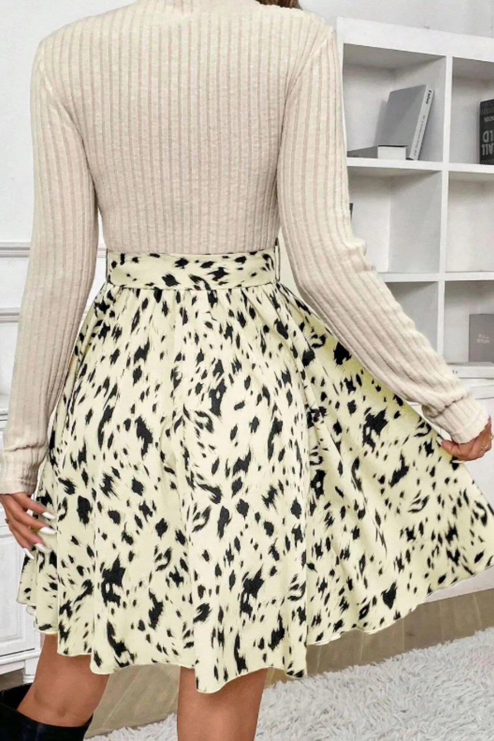 Printed Tie Waist Mock Neck Long Sleeve Dress, image 14
