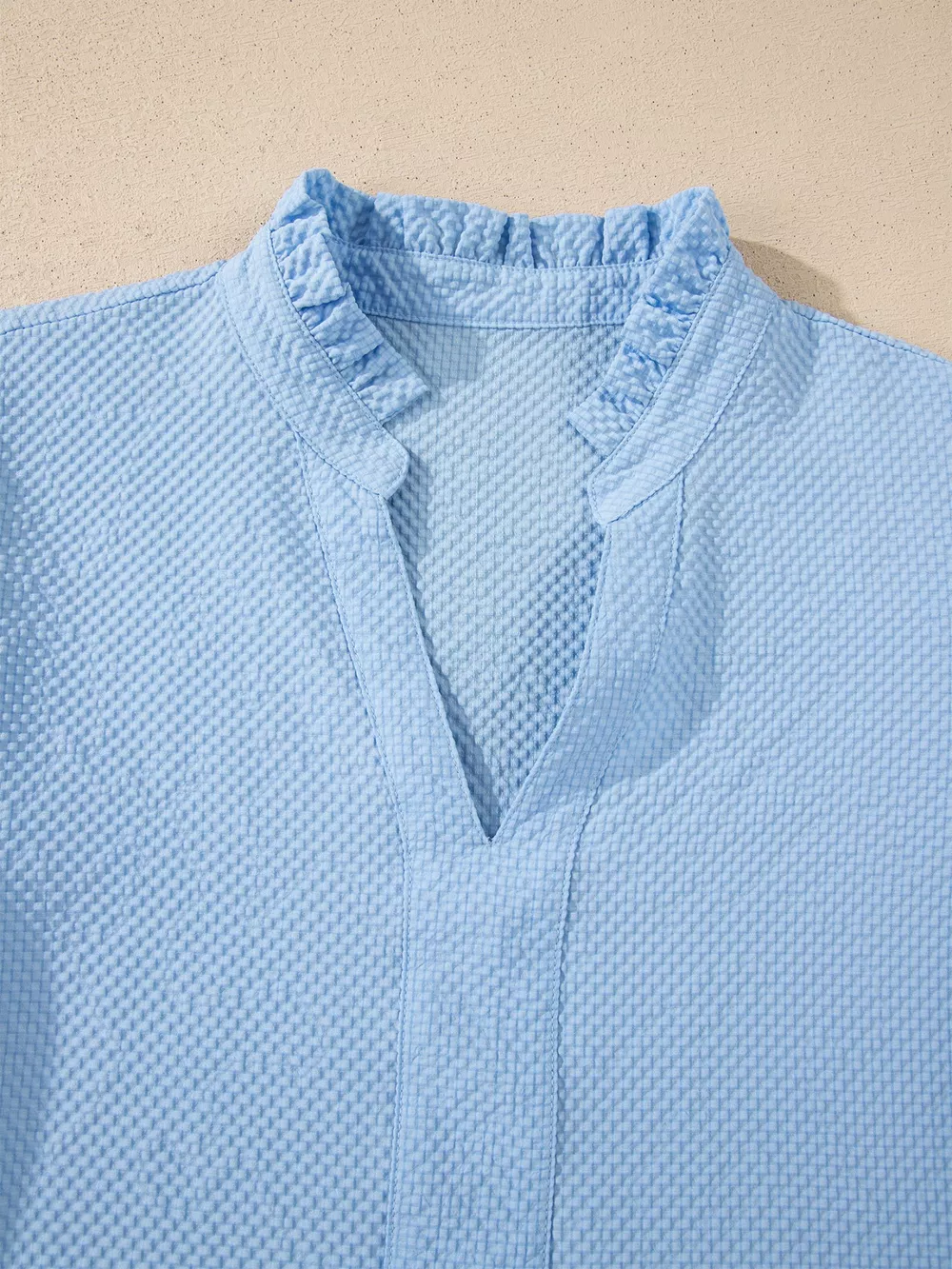 Flower Embroidered Puff Sleeve Split Neck Textured Blouse, image 7