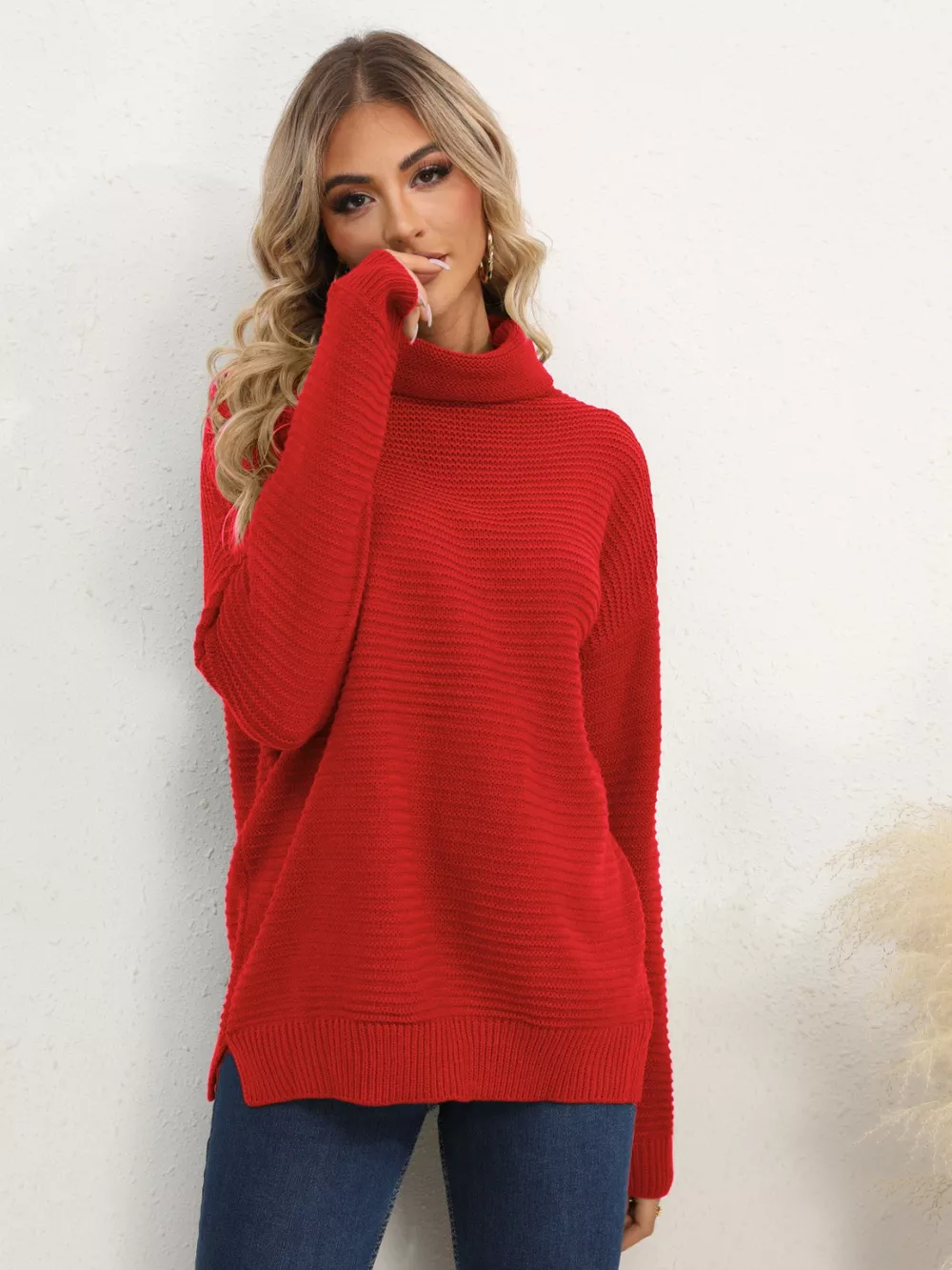 Slit Turtleneck Dropped Shoulder Sweater, image 10