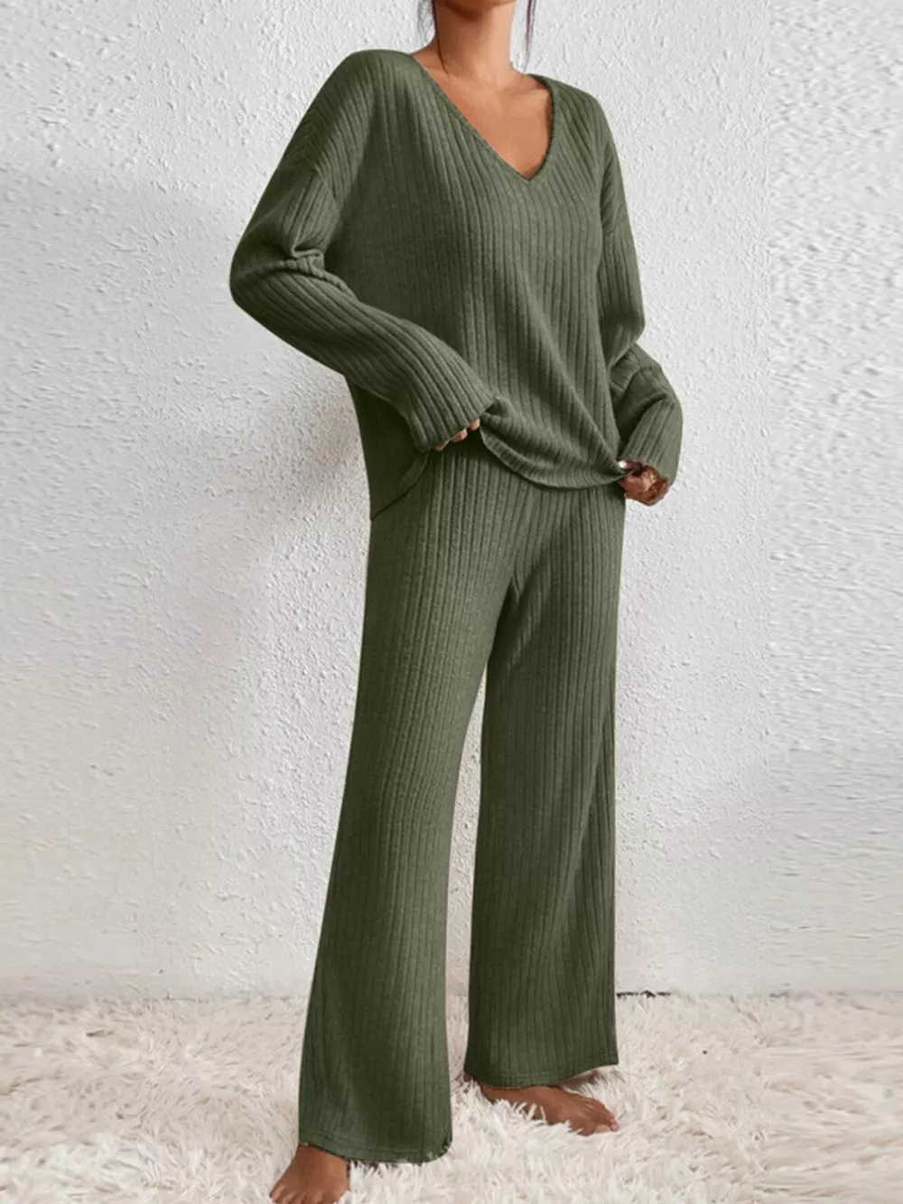 Ribbed Knit V-Neck Top and Pants Set, image 11