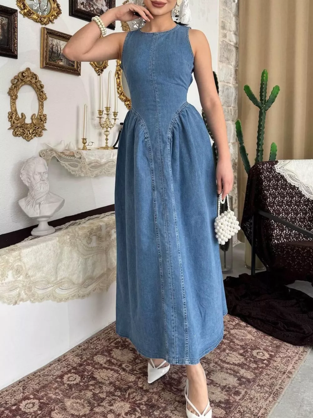 Sleeveless A-Line Denim Midi Dress, image 5