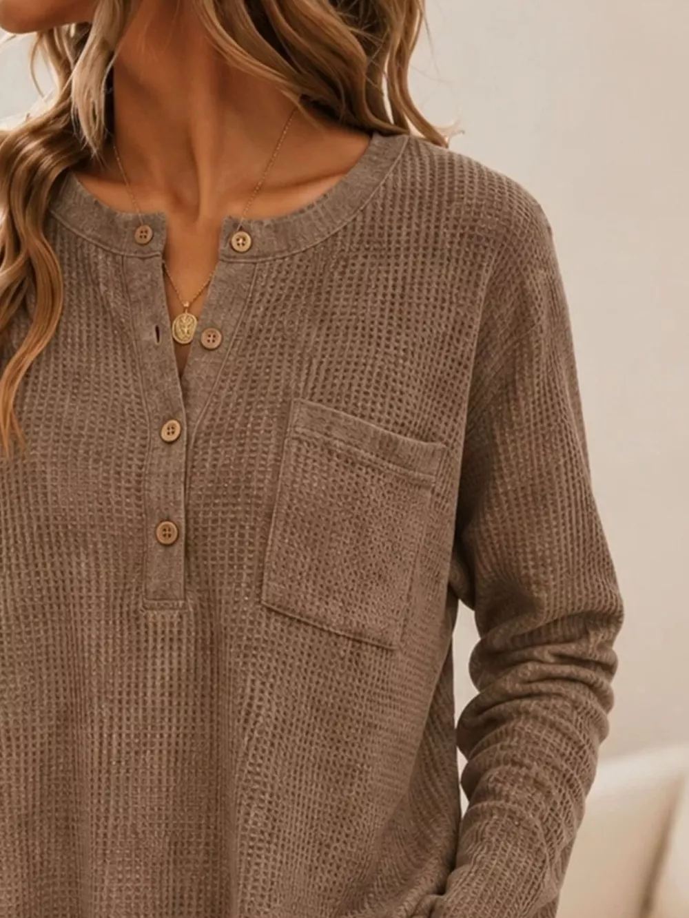 Waffle Knit Button Detail Top, image 7