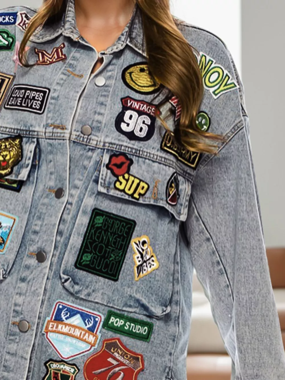 Embroidered Patch Button Up Long Sleeve Denim Jacket, image 7