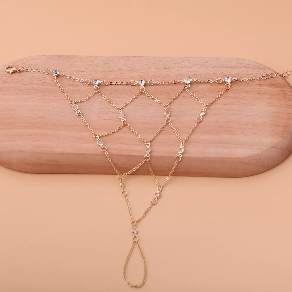 Elegant Gold Chain Hand Bracelet with Rhinestone Accents, image 4