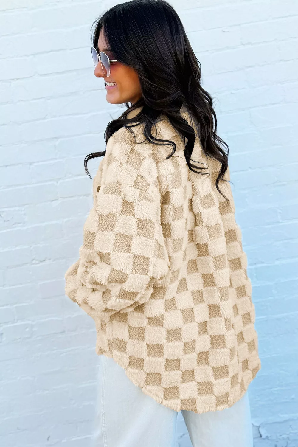 Plush Checkered Corduroy Trim Metal Button Long Sleeve Shift Silhouette Shacket, image 2