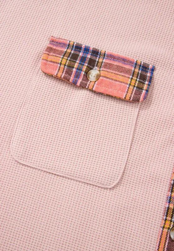 Waffle Knit Plaid Patchwork Drawstring Hooded Shacket, image 14
