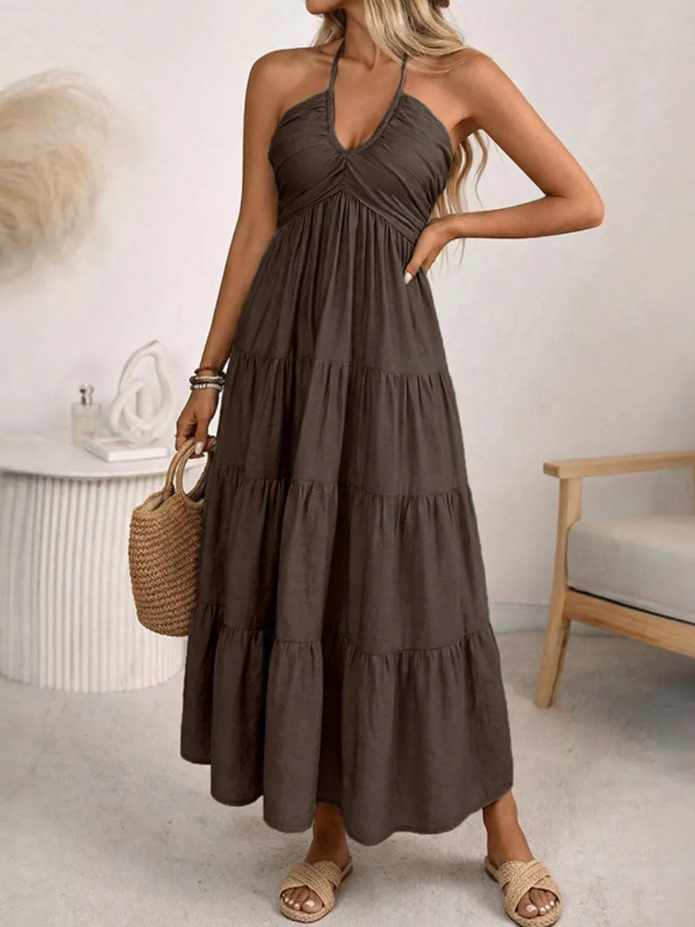 Halter Neck Tiered Midi Dress