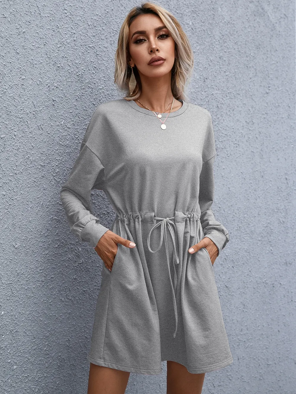 Drawstring Round Neck Dropped Shoulder Mini Dress, image 7
