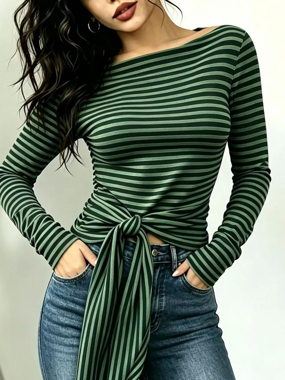 Long Sleeve Striped T-Shirt with Front Tie Detail, image 10