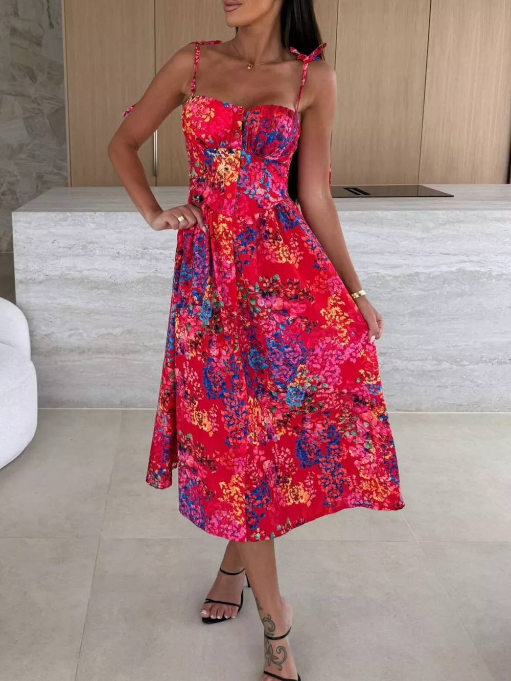 Printed Tie-Strap Midi Dress, image 5