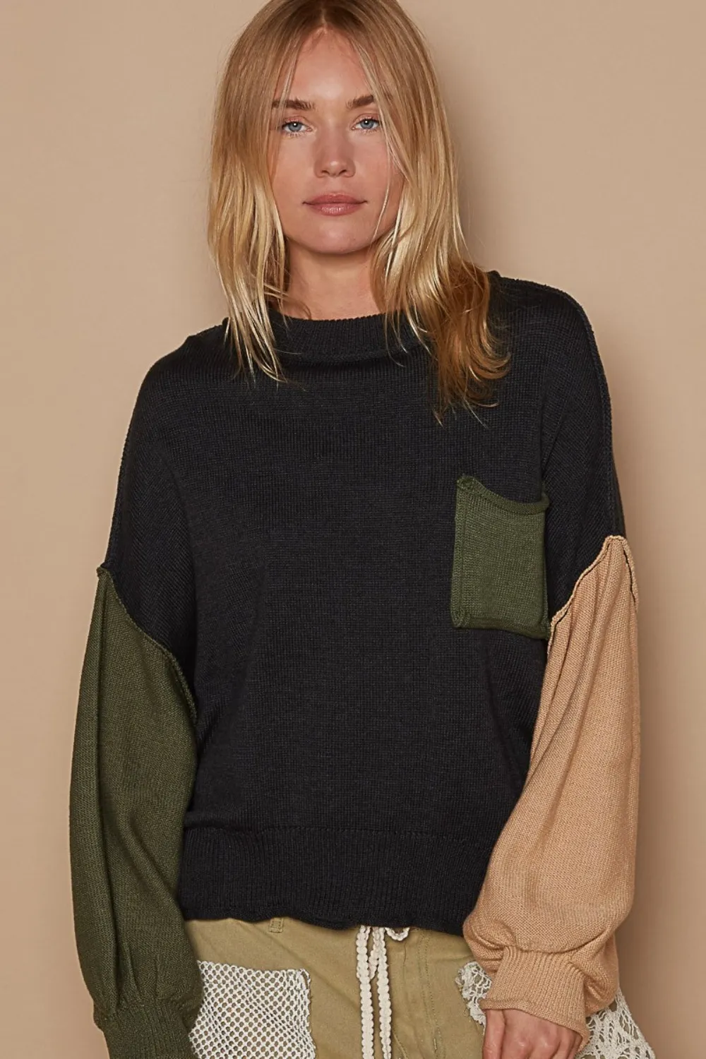 Color Block Roll Hem Hacci Sweater, image 3