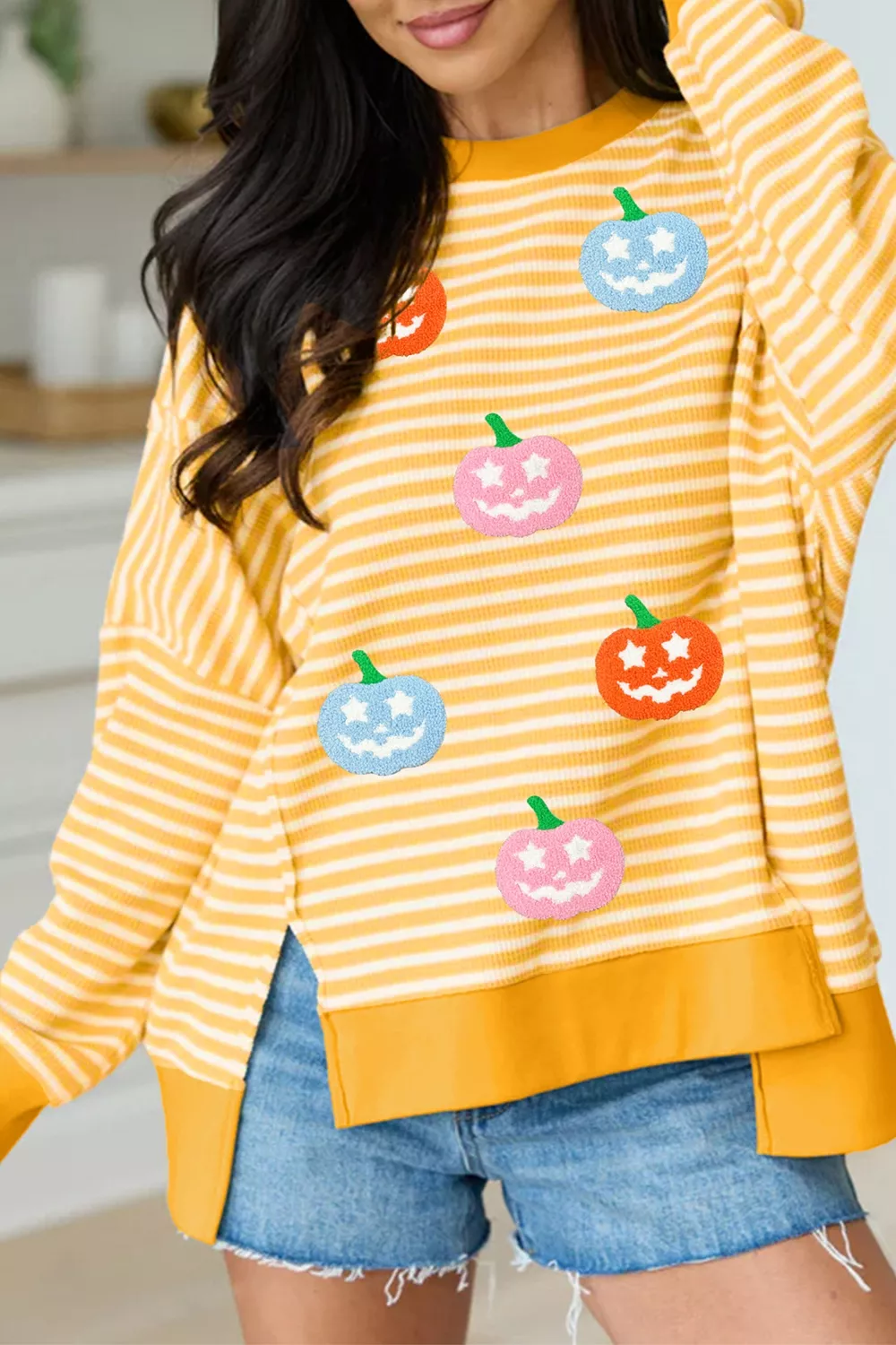 Stripe Halloween Pumpkin Face Waffle Knit Pullover Loose Top with Slits, image 4