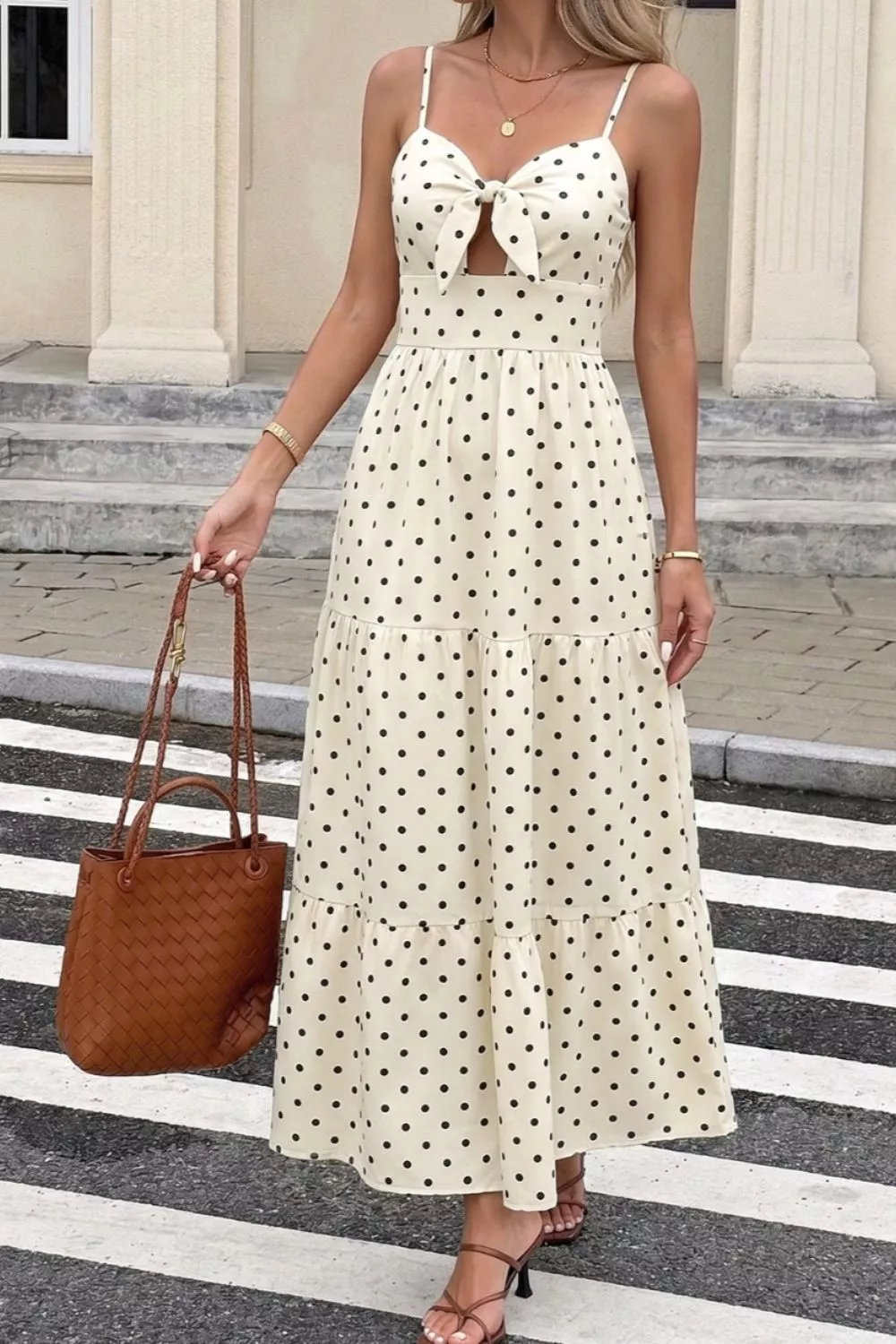 Polka Dot Tie-Front Cutout Maxi Dress, image 3