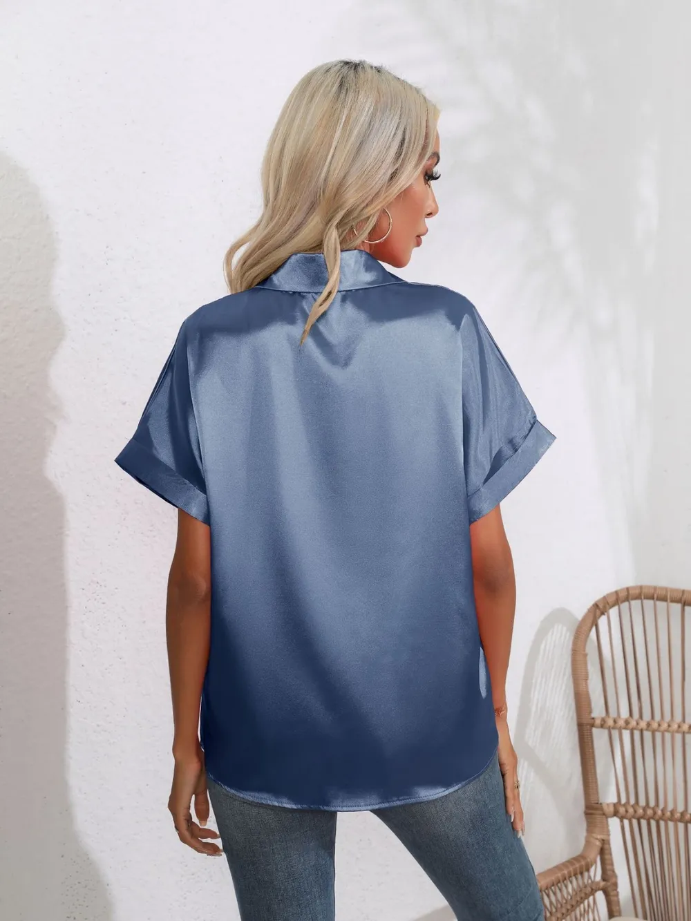 Button Down Collared Neck Short Sleeve Satin Shirt, image 16