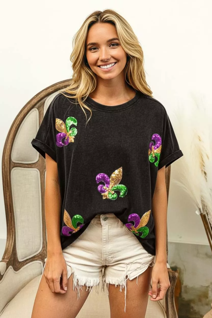 Fleur De Lis Sequin Patches Mardi Gras Sleeve Top, image 2