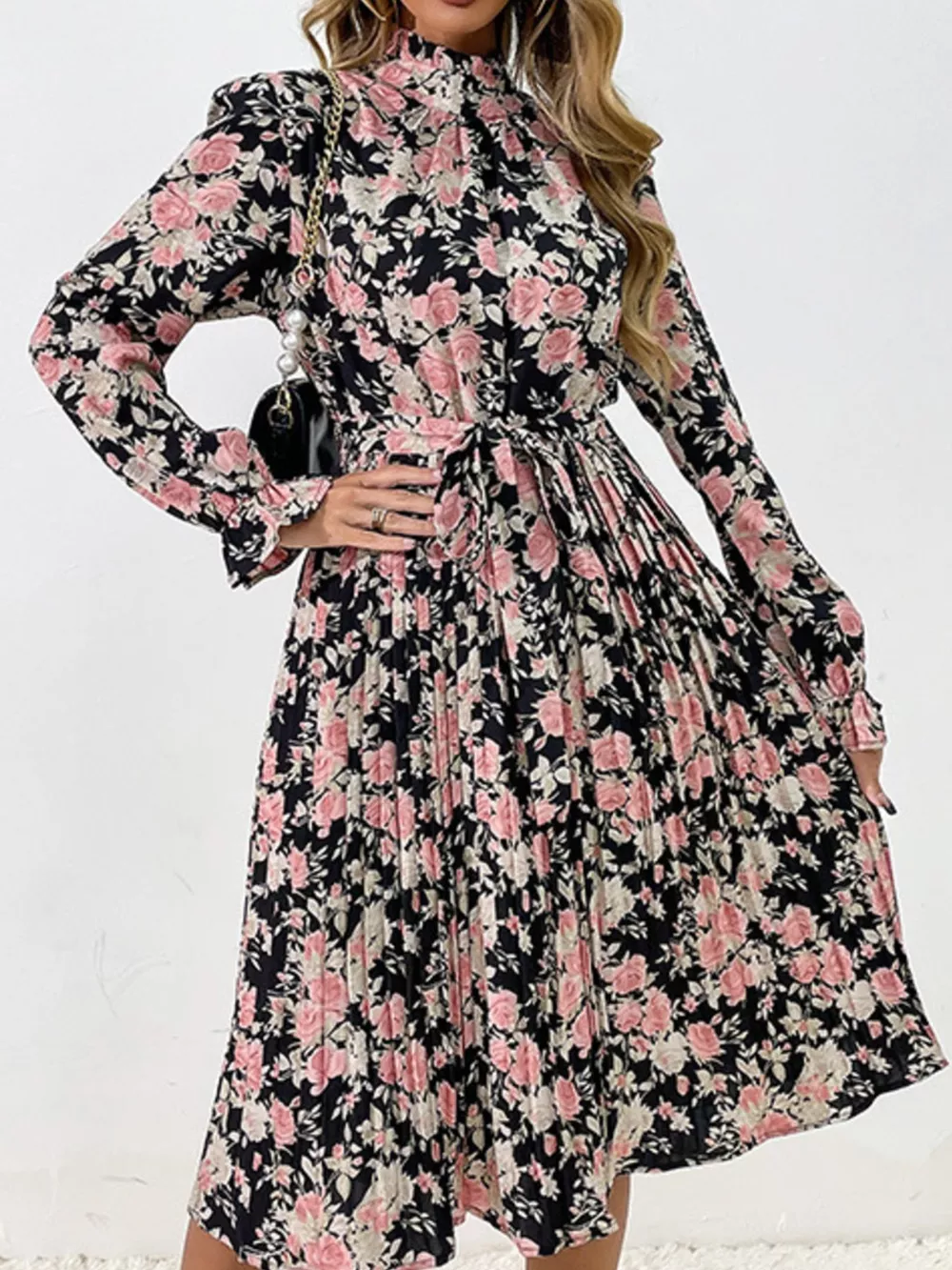 Floral Print Long Sleeve Pleated Midi Dress, image 8