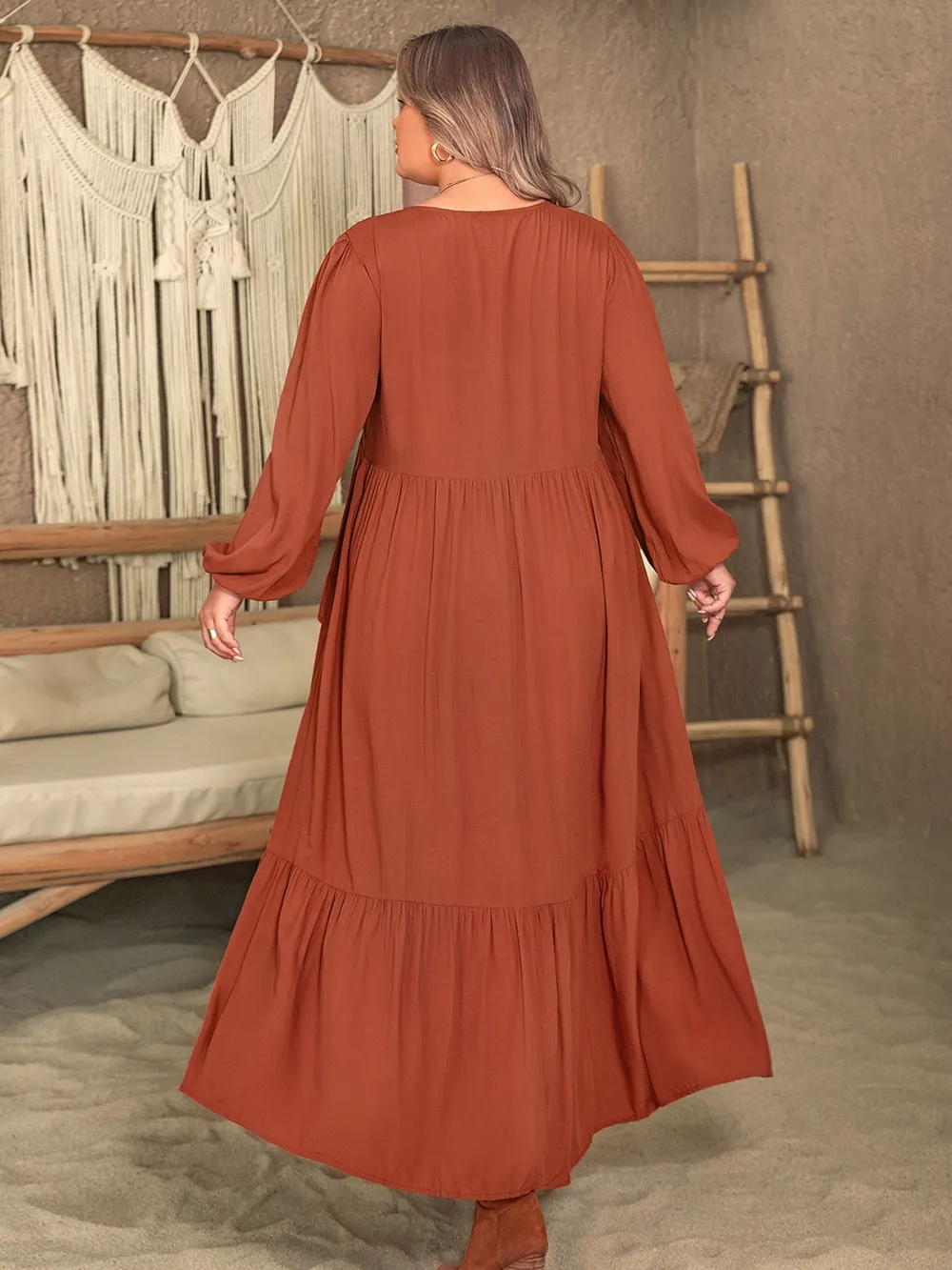 Plus Size Ruffled V-Neck Balloon Sleeve Dress, image 2