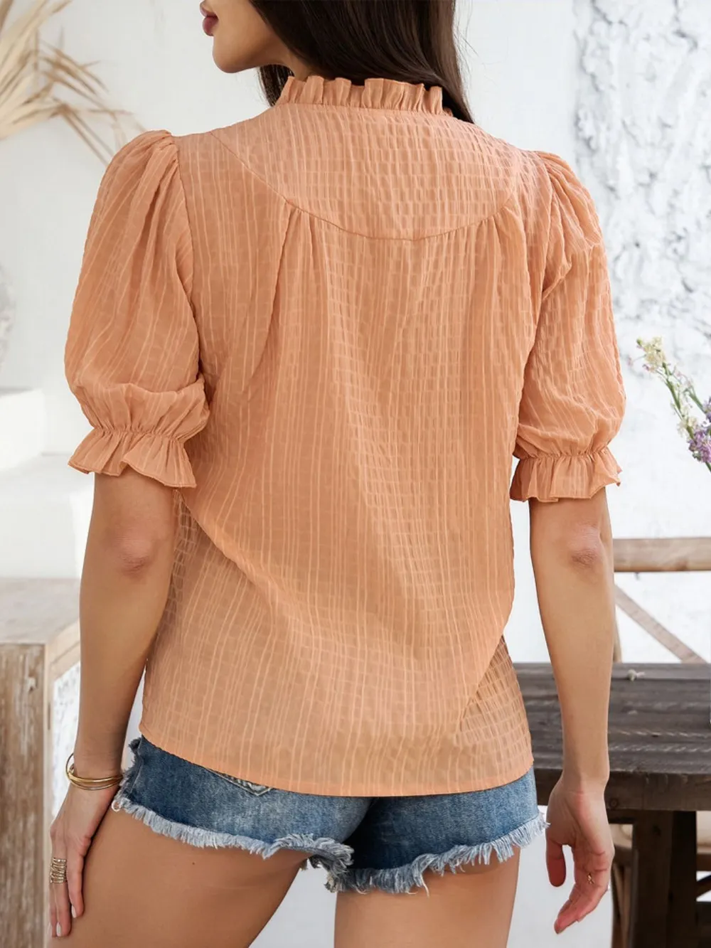 Frill Notched Short Sleeve Blouse, image 6