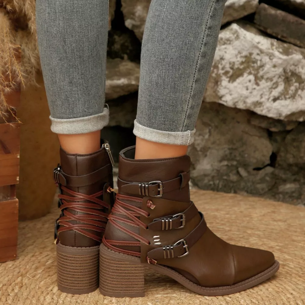 Point Toe Buckle Strap Ankle Boots with Block Heels, image 5