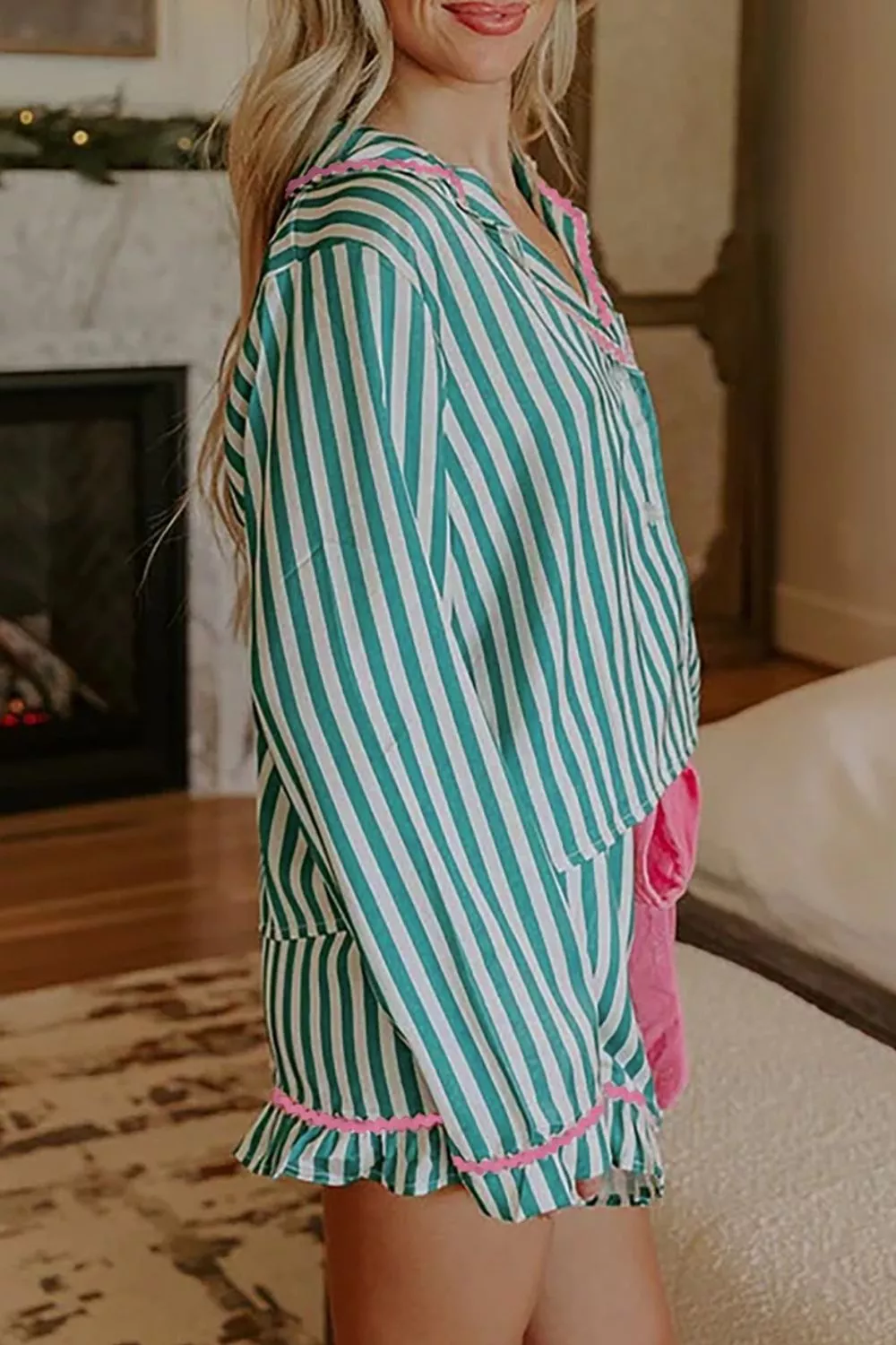Stripe Contrast Ricrac Trim Long Sleeve Shirt Drawstring Ruffled Pajama Short Set, image 4