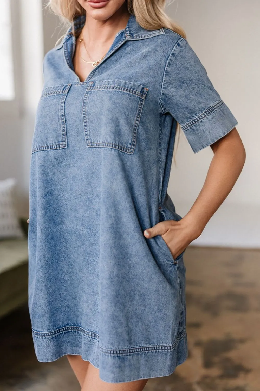 Short Sleeve Collared Patched Pocket Denim Mini Dress, image 12