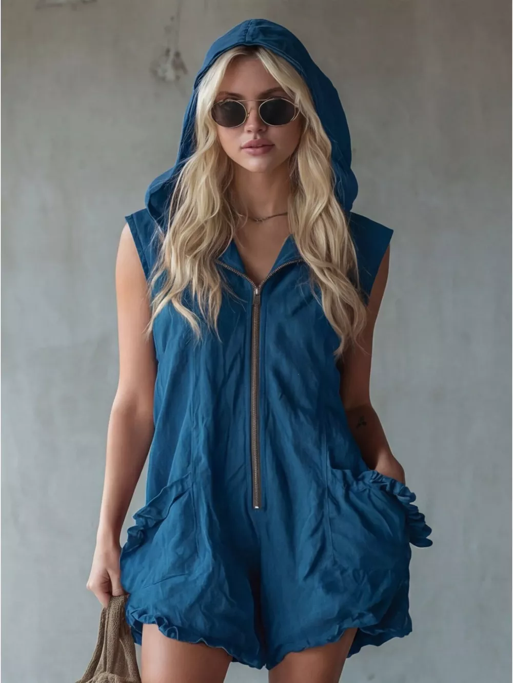Full Size Hooded Sleeveless Zipper Romper with Ruffled Pockets Plus Size, image 10