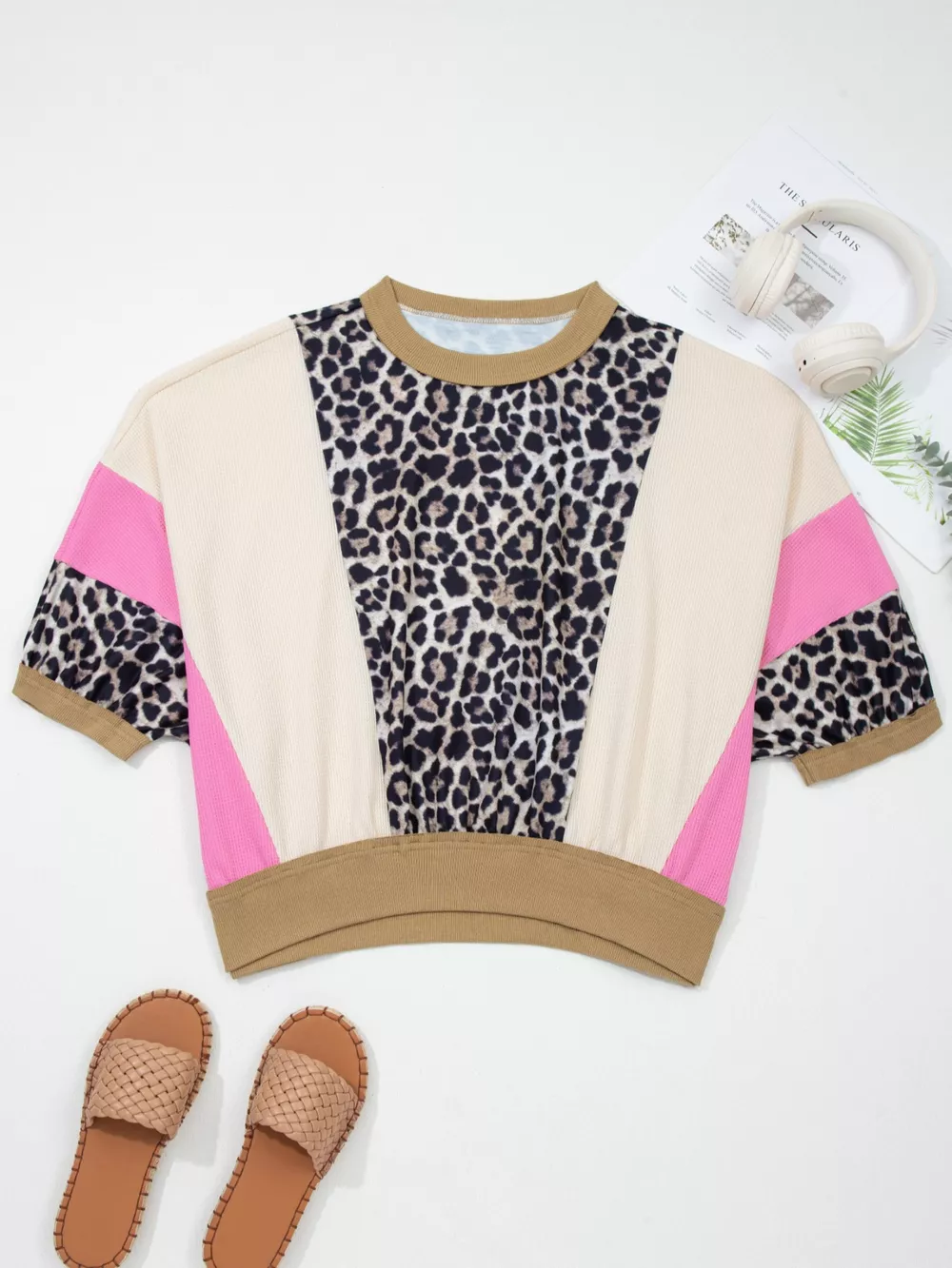 Leopard Print Color Block Round Neck Top, image 3