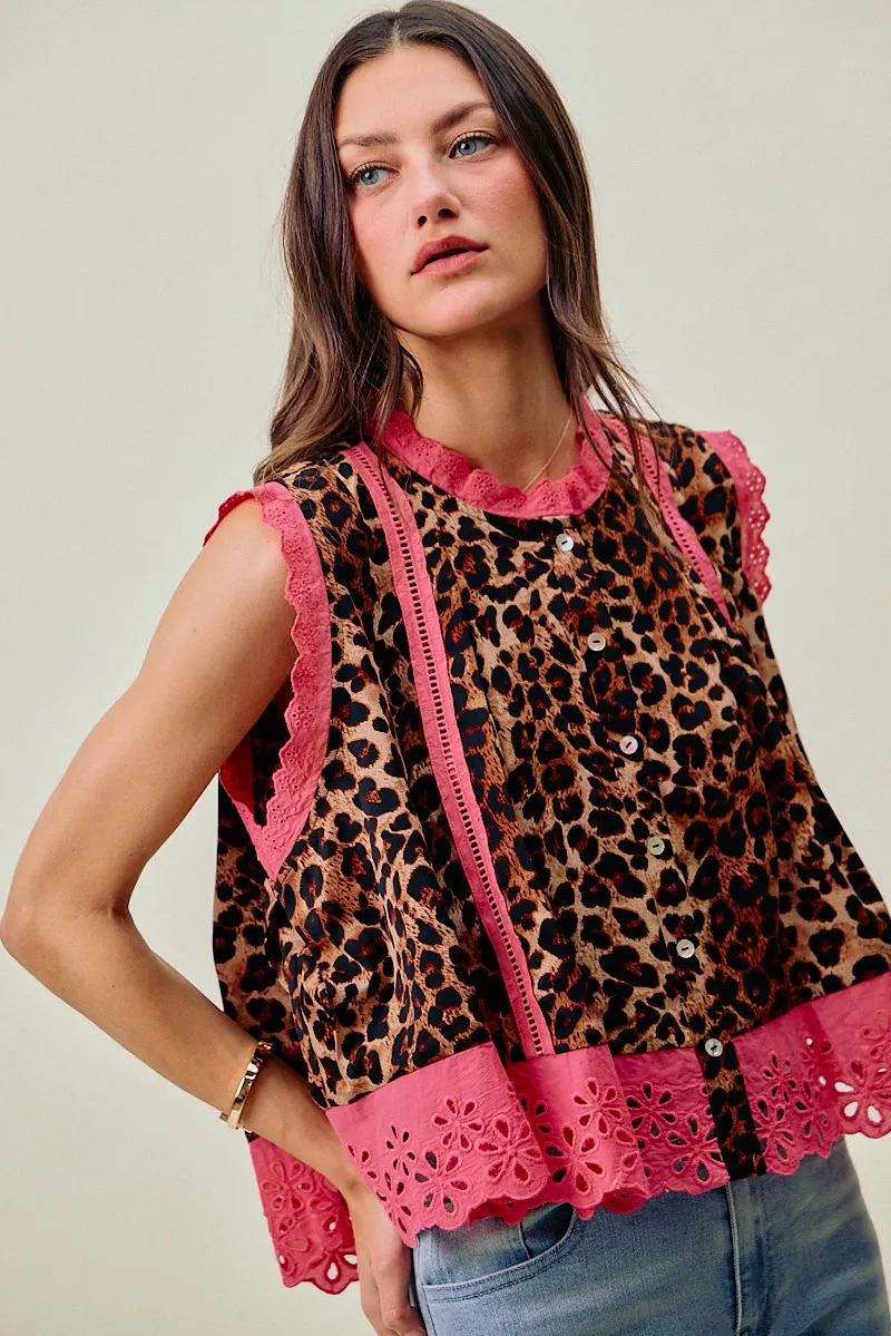 Leopard Button Up Pleated Sleeveless Blouse, image 6