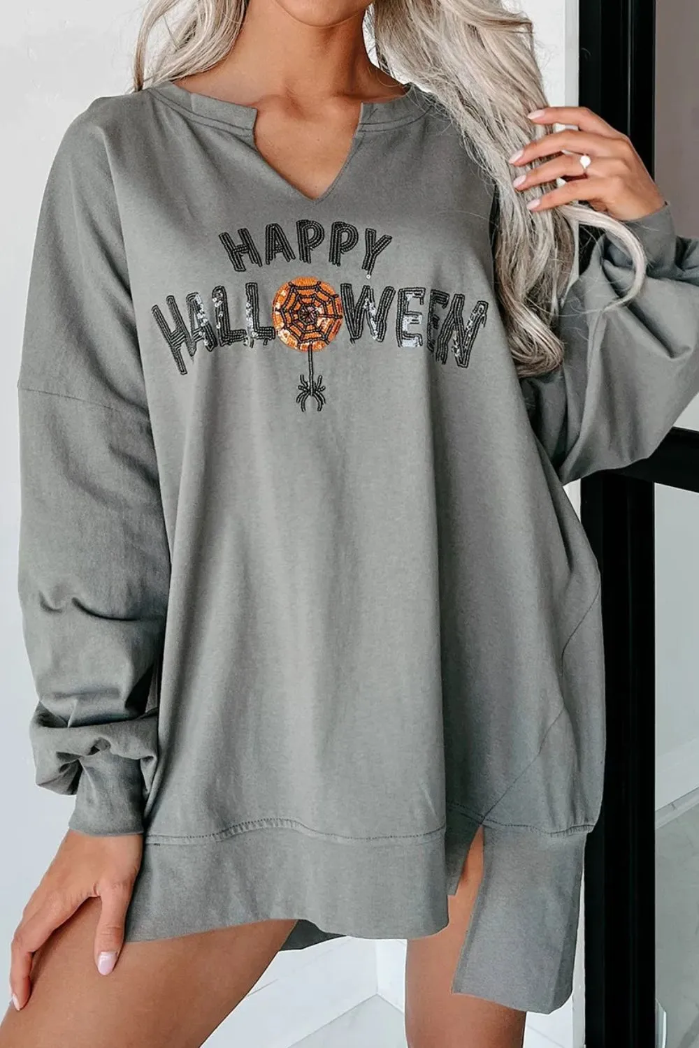Sequin Letter Graphic Notched Long Sleeve Sweatshirt, image 8