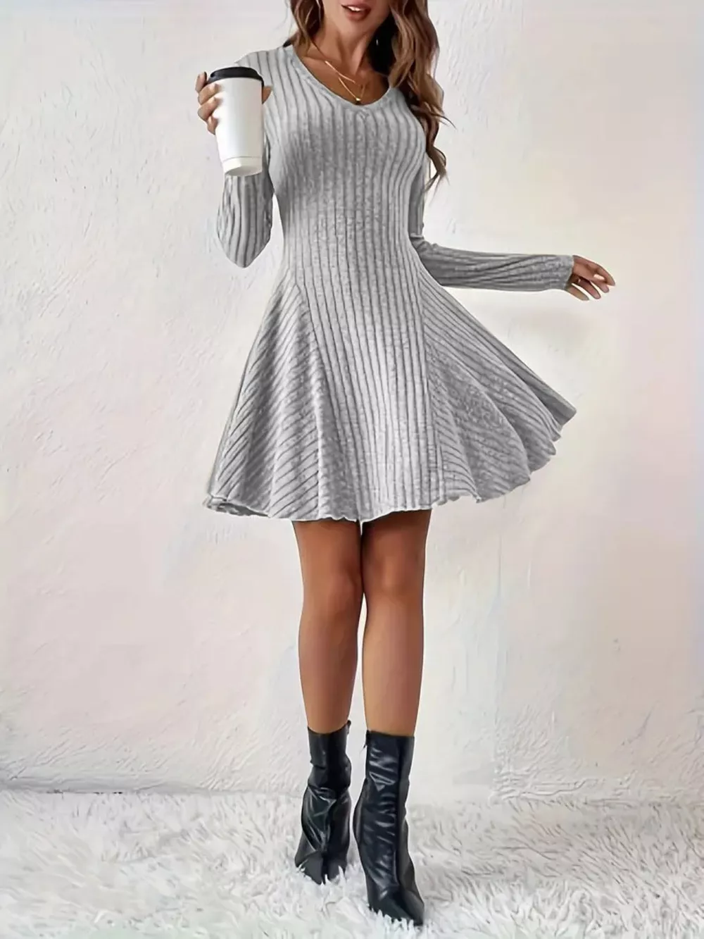 Ribbed Knit Long Sleeve A-Line Dress, image 9