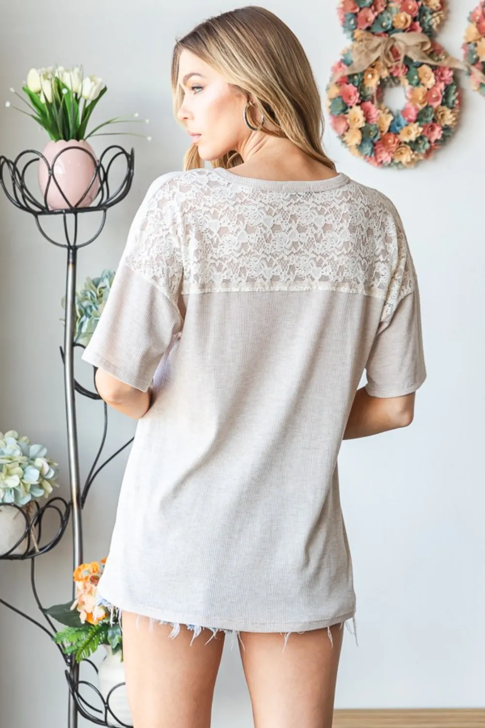 Full Size Lace Front Pocket Drop Shoulder Top, image 2