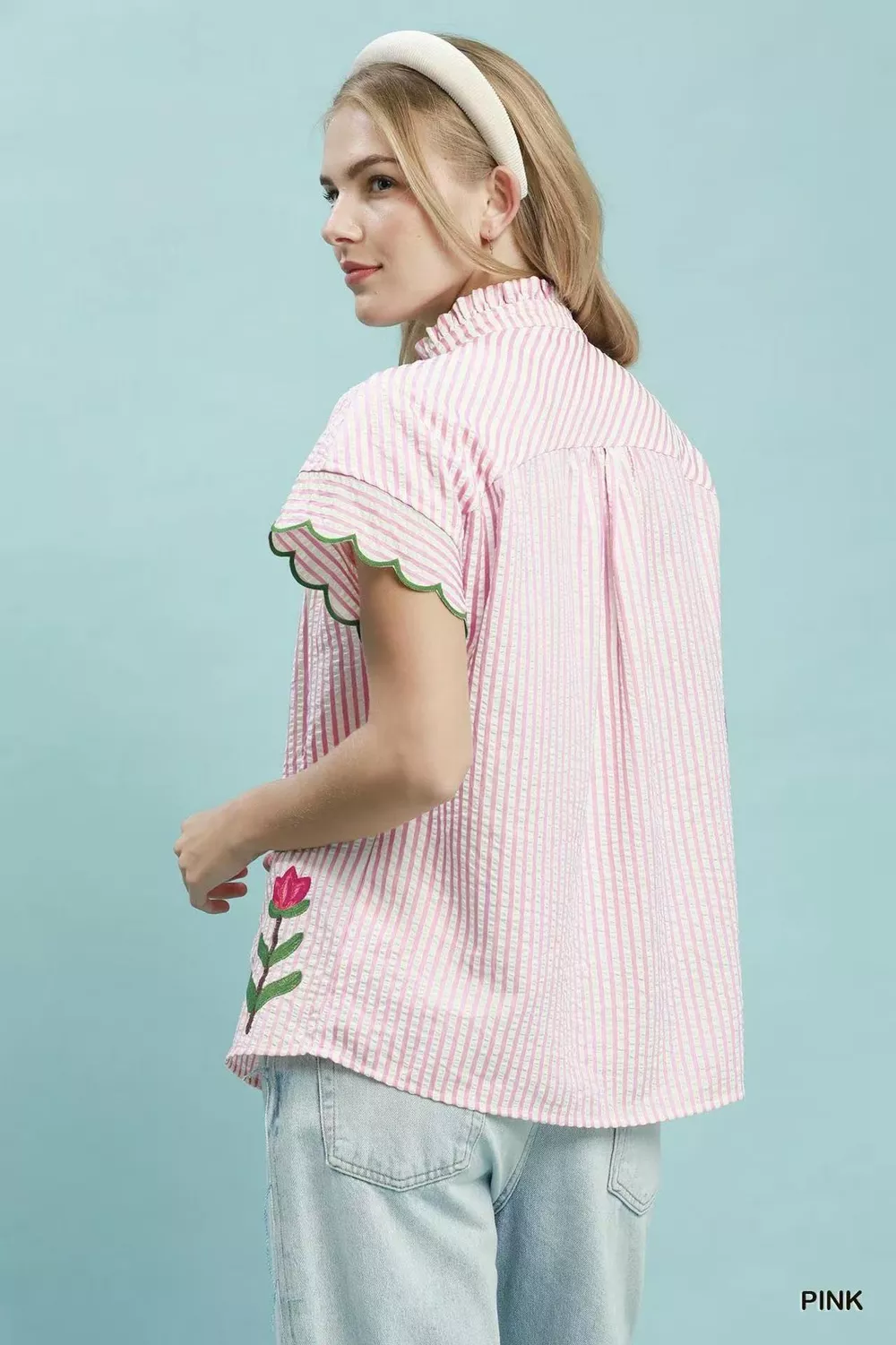 Embroidered Stripe Button Front Top, image 3
