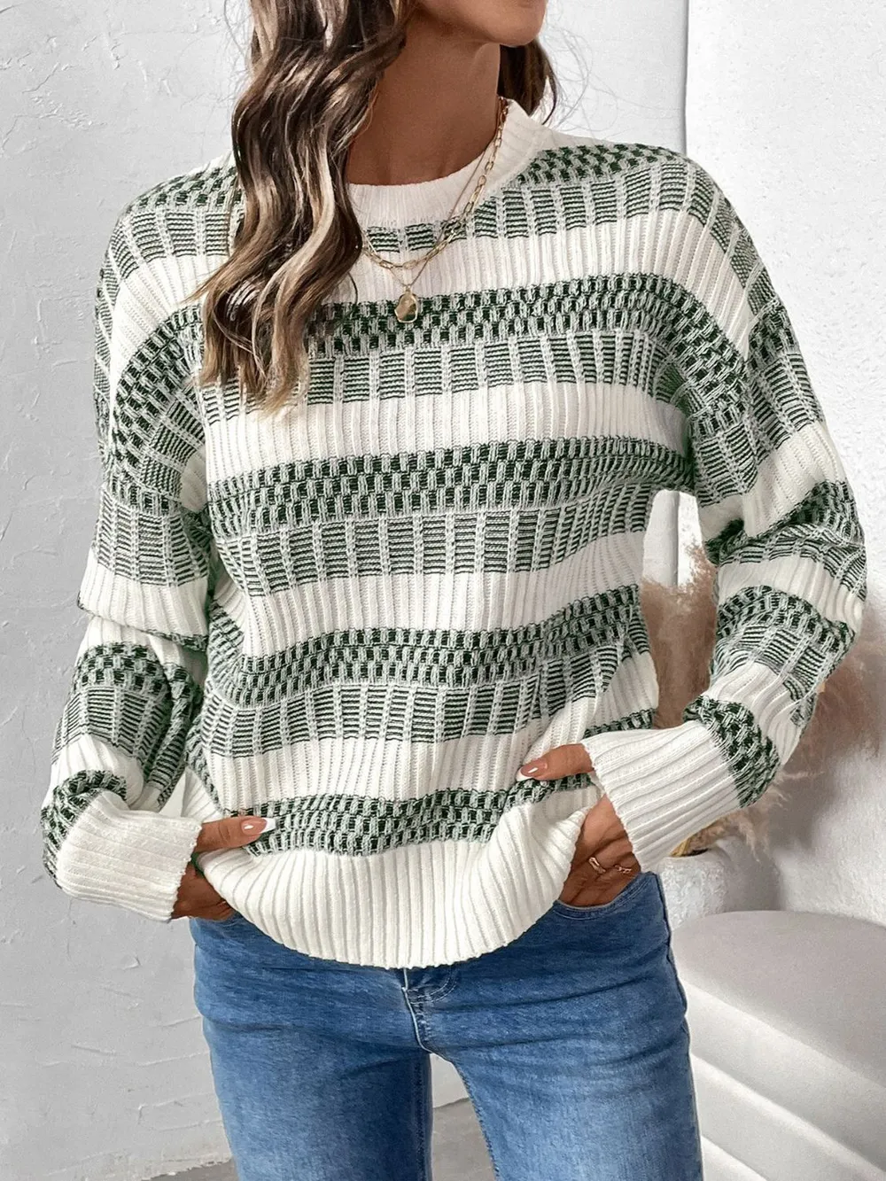 Contrast Round Neck Long Sleeve Sweater, image 6
