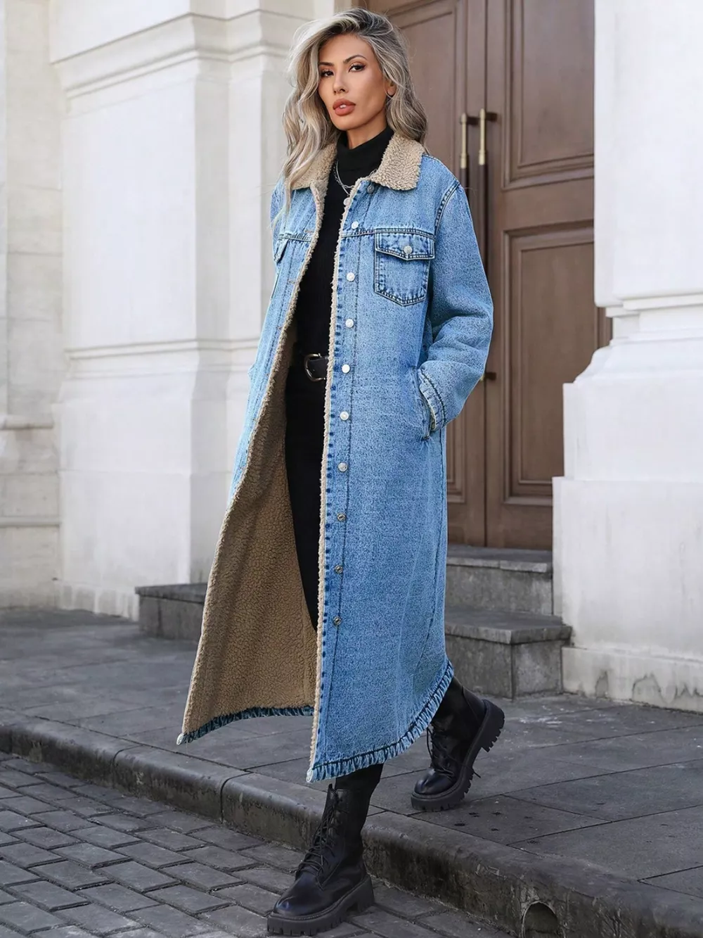 Sherpa Lined Longline Denim Jacket, image 19