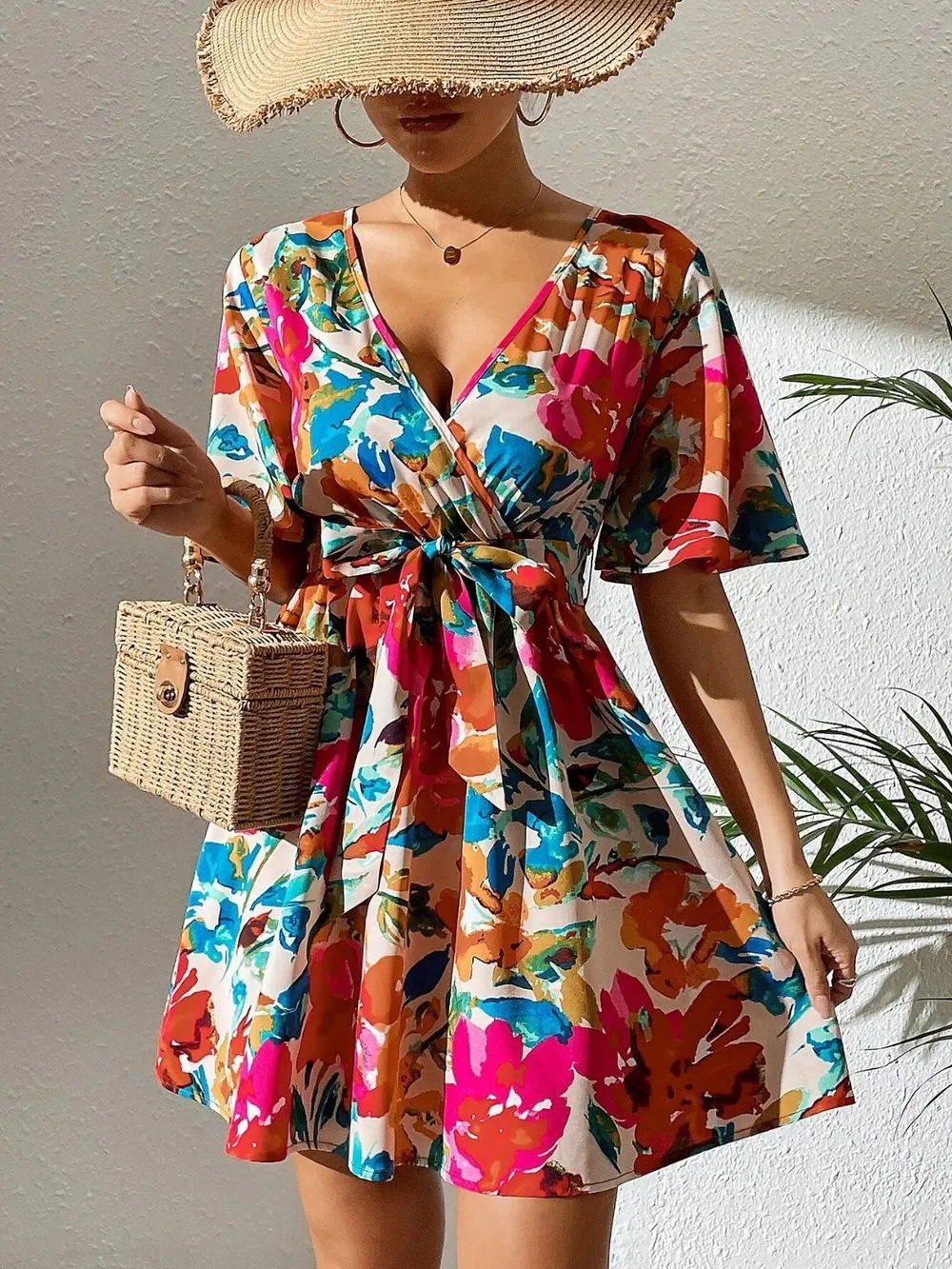 Printed Surplice Short Sleeve Mini Dress, image 5