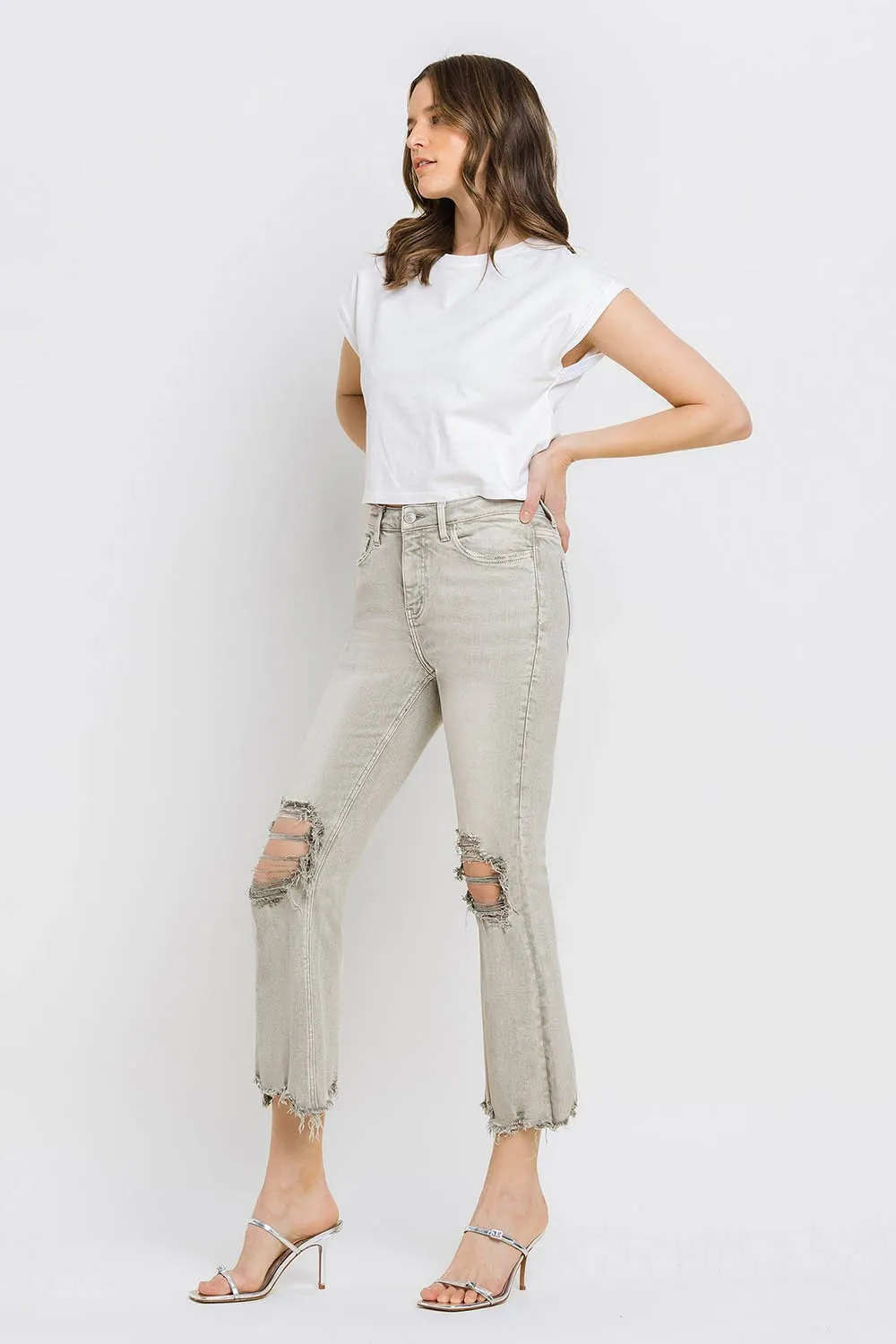 Distressed Raw Hem Cropped Flare Jeans, image 5