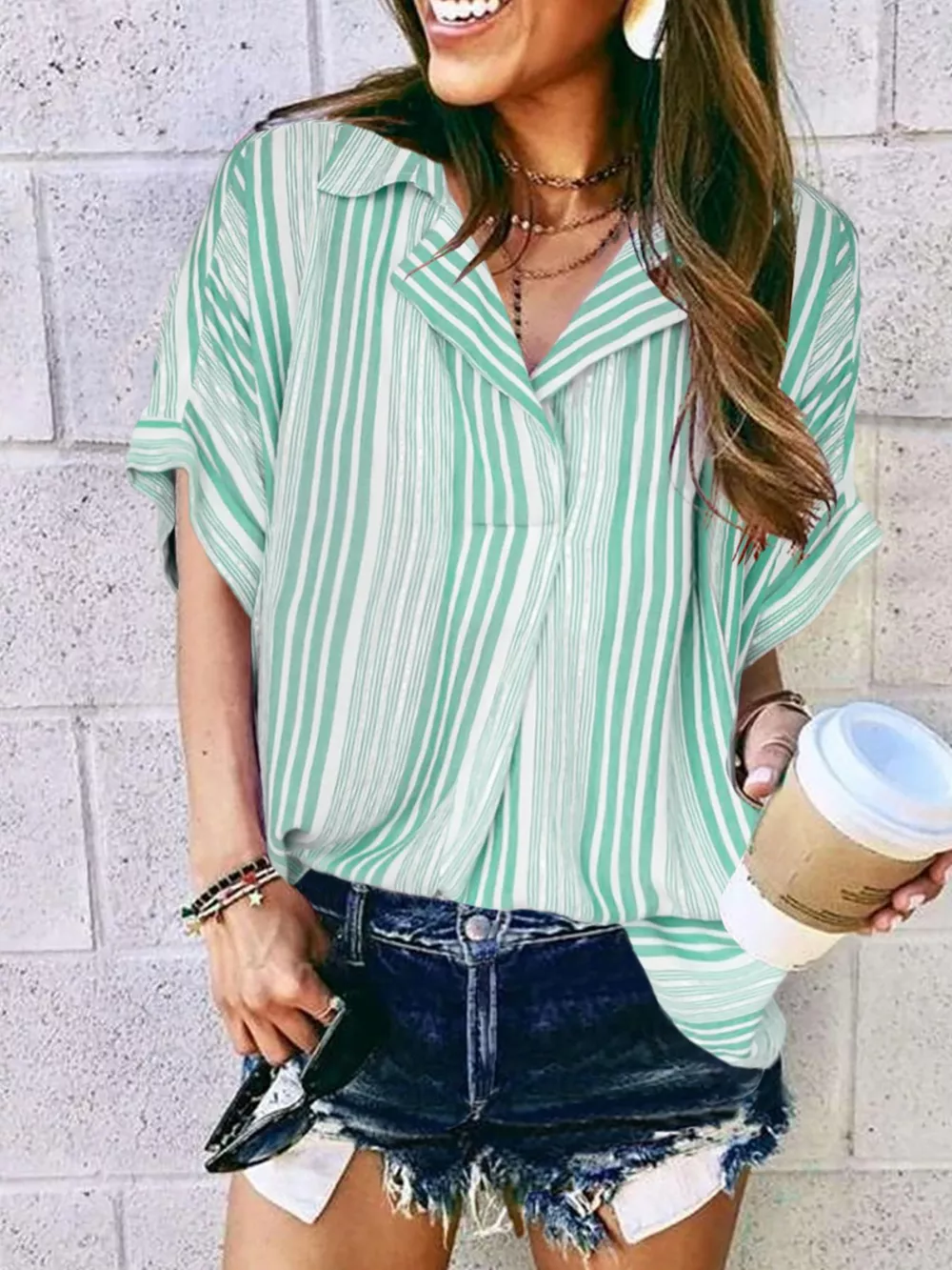 Full Size Collared Neck Half Sleeve Shirt Plus Size, image 6