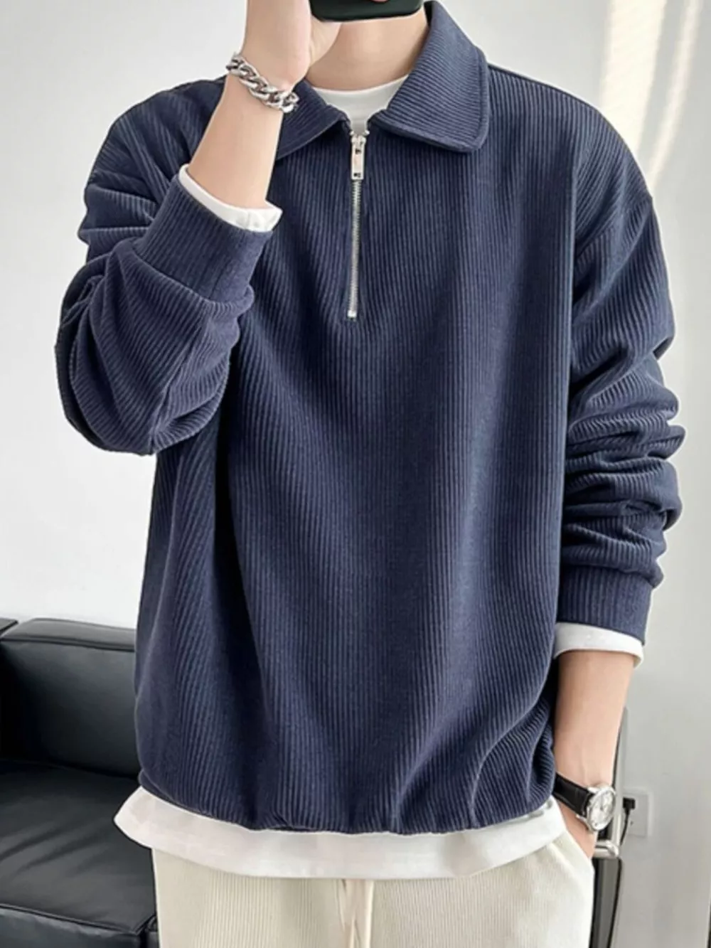 Men's Plus Size Corduroy Half-Zip Polo