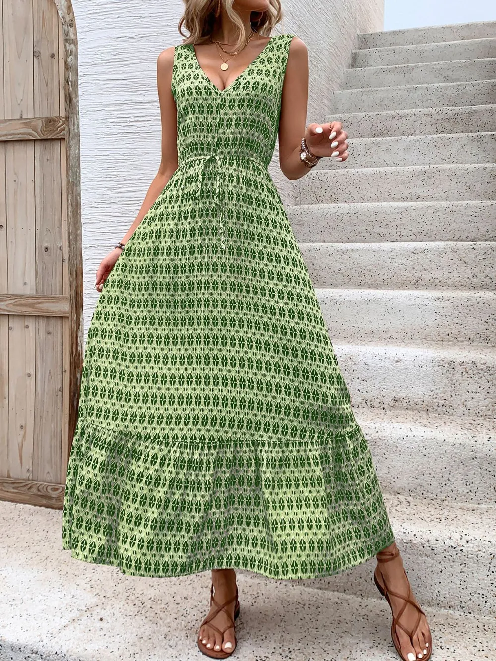 Printed V-Neck Tie Waist Midi Dress, image 10