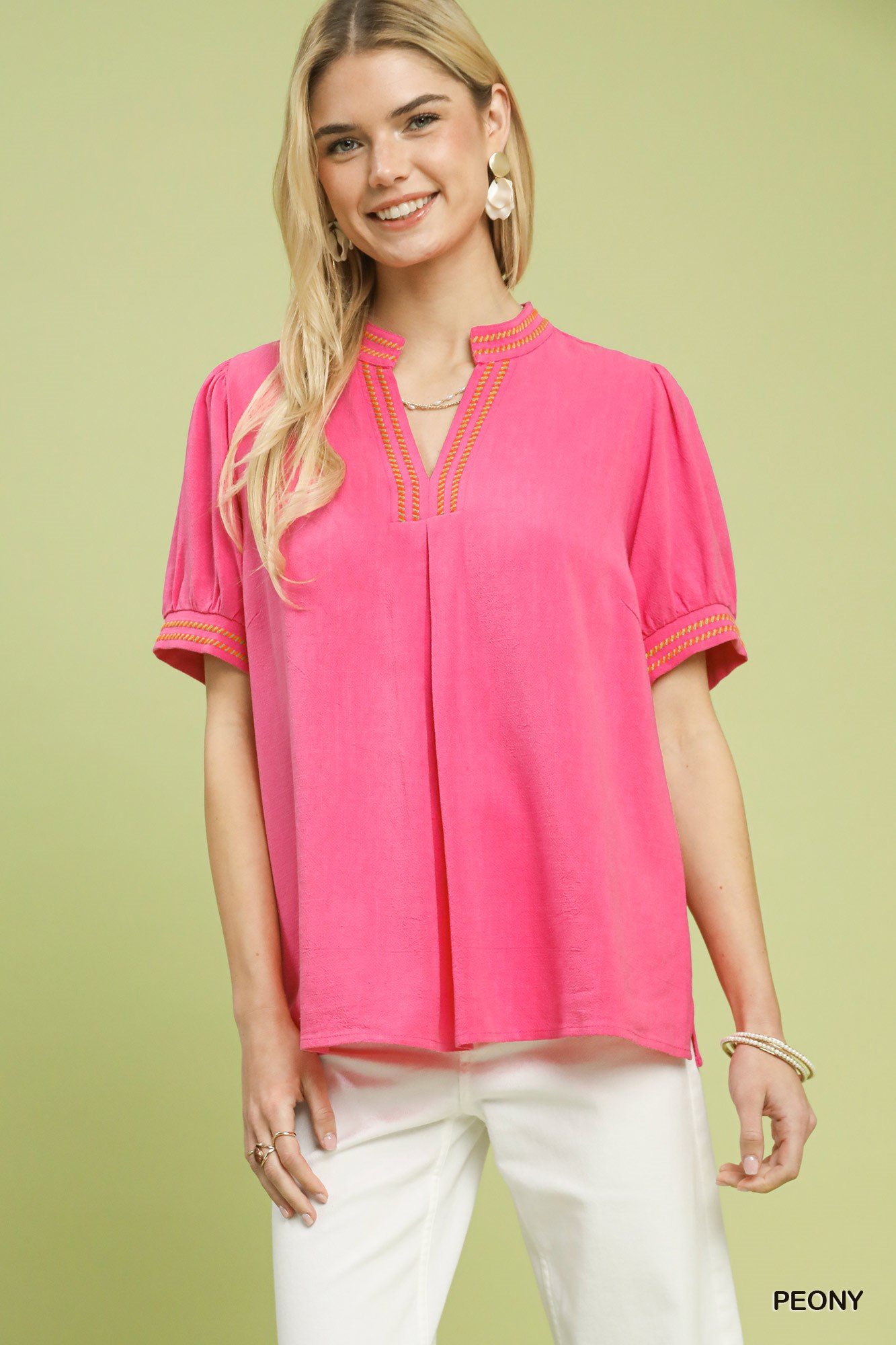 Embroidery Linen Puff Sleeve Blouse