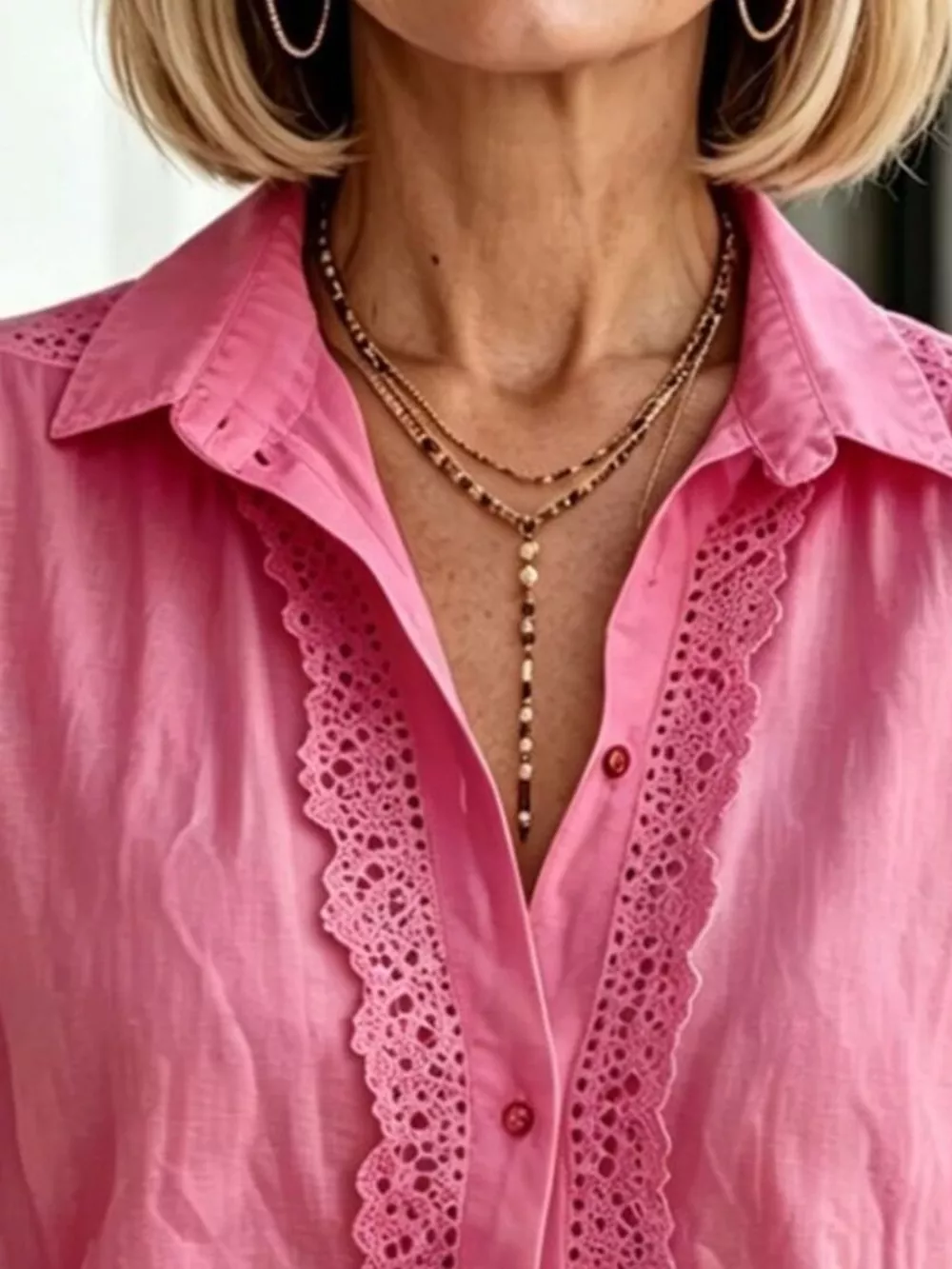 Lace-Trimmed Short Sleeve Button-Down Shirt, image 5