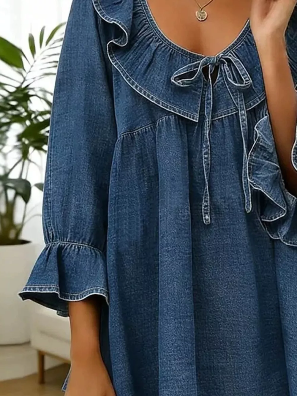 Full Size Ruffled V-Neck Denim Top with Tie-Front Detail Plus Size, image 9