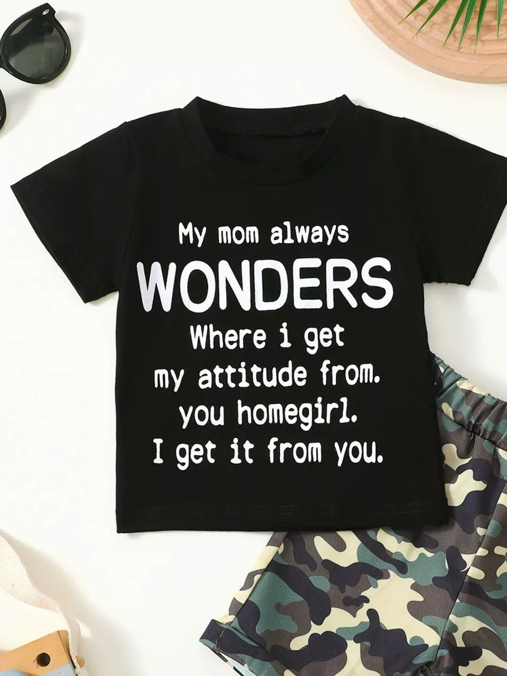 Children's Letter Graphic Tee and Camouflage Shorts Set, image 14