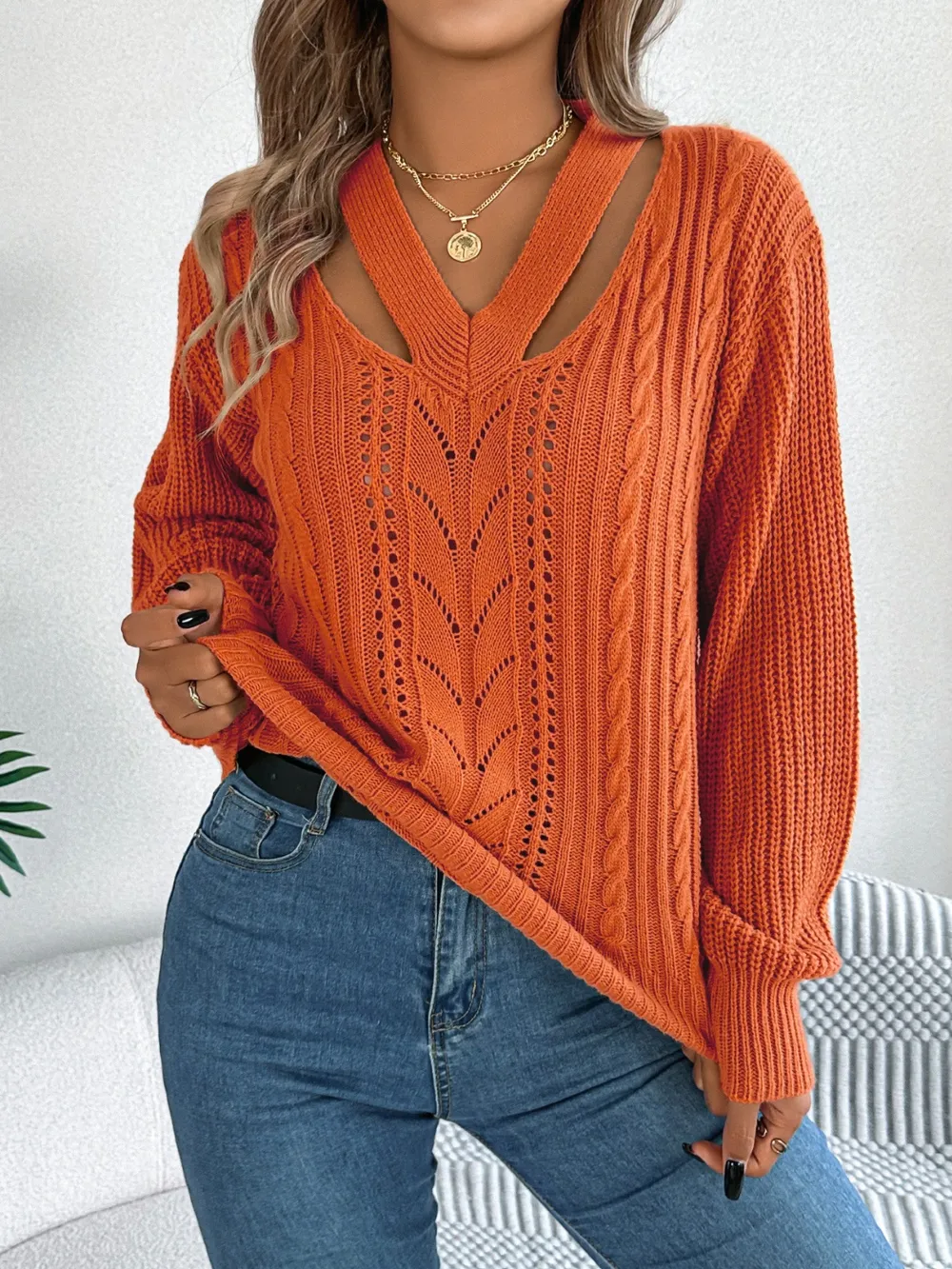 Cutout V-Neck Long Sleeve Sweater, image 6