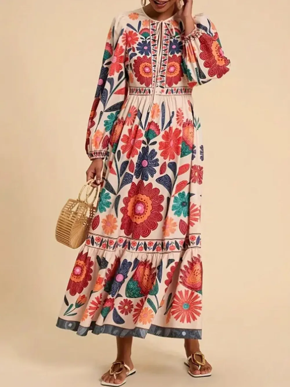 Floral Tie Waist Long Sleeve Dress, image 14