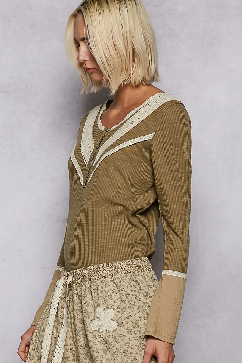 Ribbed Half Button Lace Detail Knit Top, image 3