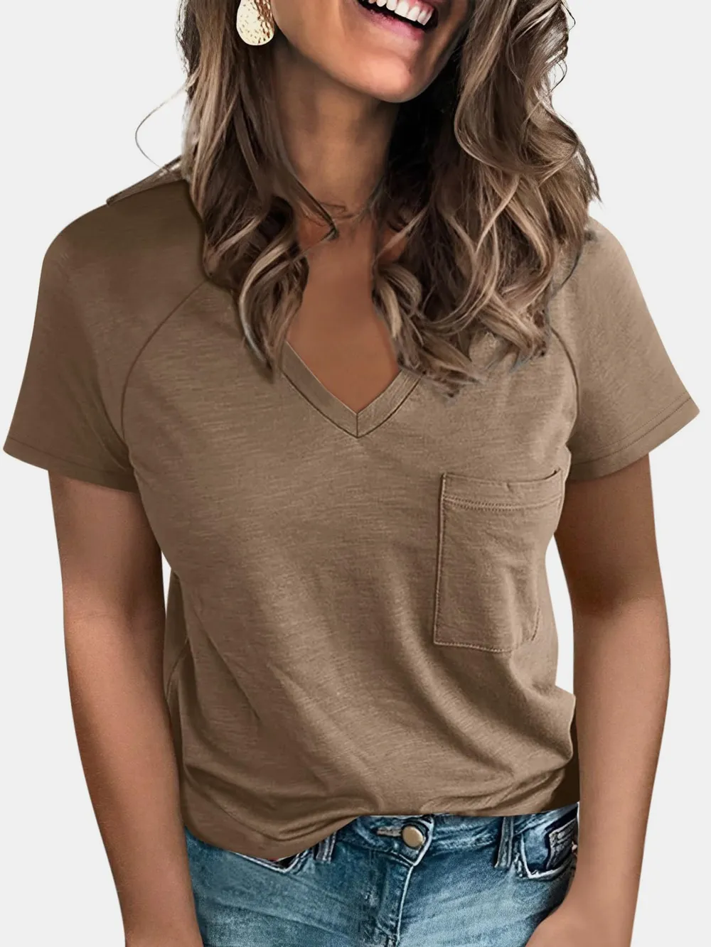 Pocketed V-Neck Short Sleeve T-Shirt, image 15